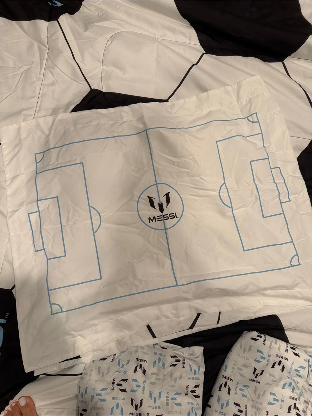 Messi Soccer Hexagon Comforter twin Set - White & Black with Light Blue Accents